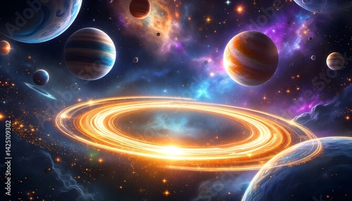 Vivid space scene with glowing planets, swirling galaxies, luminous cosmic dust, and a radiant golden ring.