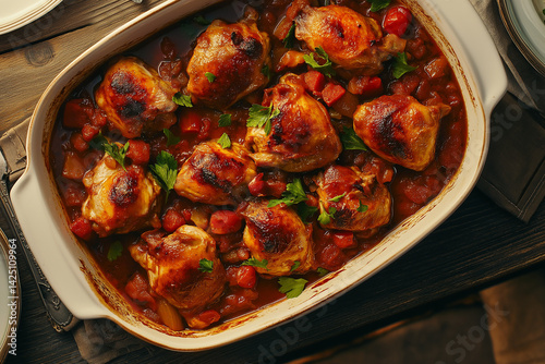 Overhead of chicken cacciatore in casserole dish