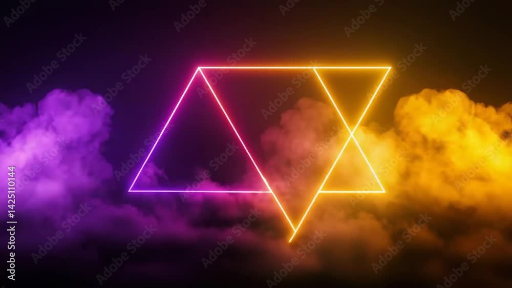 Glowing triangle and square, Abstract neon background with glowing square shape and spinning cloud. Blank geometric frame in the sky, looping 3d animation. Neon geometric shapes,	