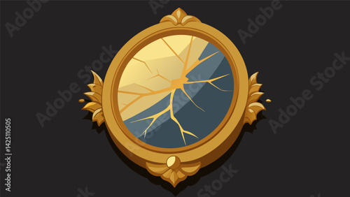 A cracked mirror framed in gold and adorned with intricate filigree reflects the glimmering contents of the vintage jewelry box in all their glory.. Vector illustration