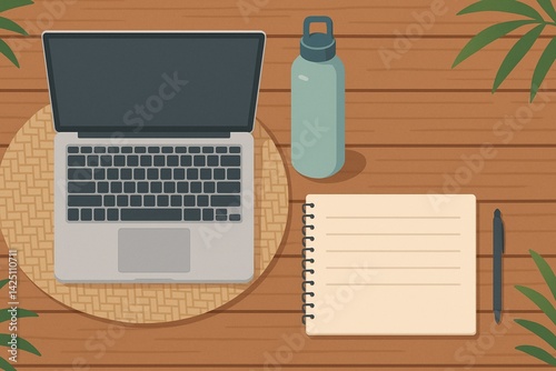Flat Lay Remote Work Essentials on Wooden Terrace Table in Tropical Setting