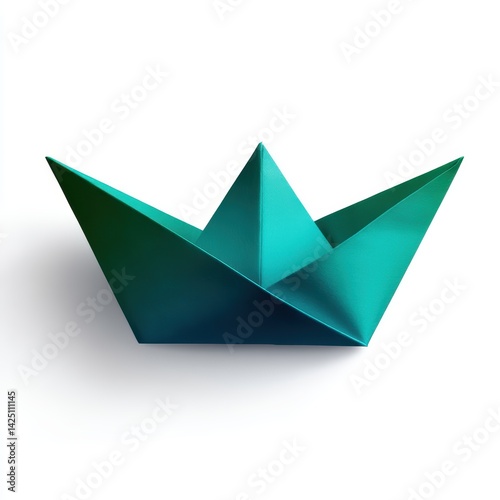 Free Download A vibrant teal origami boat, elegantly crafted with sharp folds, set against a clean white background, showcasing the art of paper folding. - GFXLoad