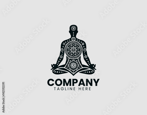 Meditating Figure Adorned Chakra Symbols Vector Logo Design