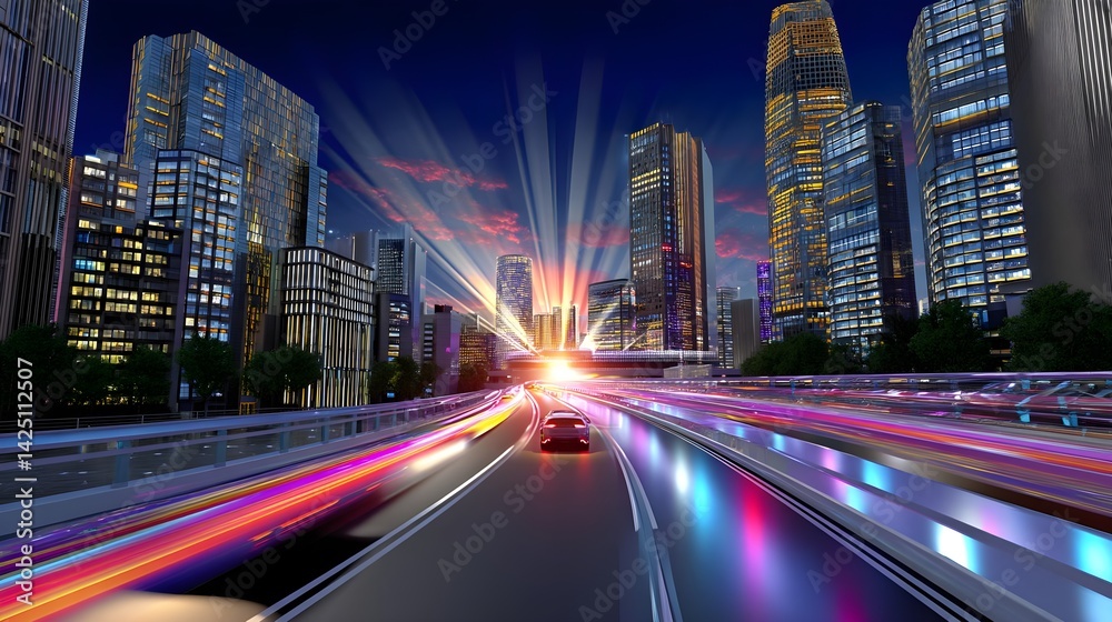 Fototapeta premium Futuristic City Nightscape: Speed & Lights - Futuristic cityscapes