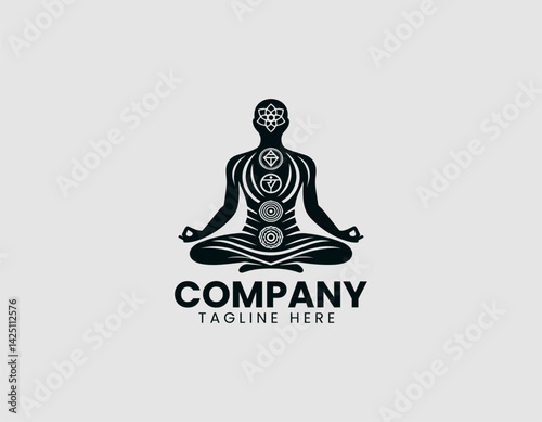 Meditating Figure Adorned Chakra Symbols Vector Logo Design