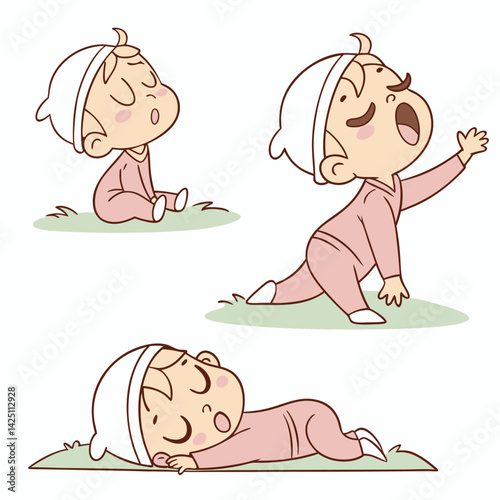 Cartoon Baby in Pink Onesie: Cute Child Sitting, Reaching, Sleeping on Grass - Vector Illustration for Children's Content