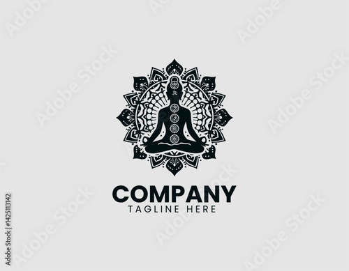 Meditating Figure Adorned Chakra Symbols Vector Logo Design