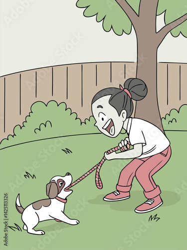 Girl Playing Tug-of-War with Puppy in Backyard: Cartoon Illustration of Child and Dog Having Fun Outdoors in a Green Garden Setting