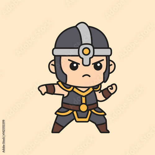 Vector illustration Angry chibi warrior in dark armor and helmet, ready to fight with a fierce battle stance