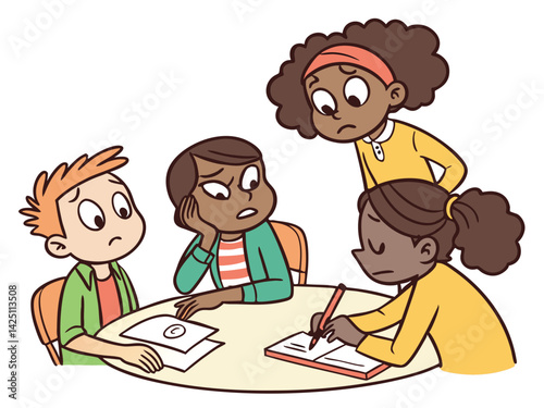 Cartoon Illustration: Group of Concerned Children Collaborating on Homework, Studying Together at Table, Education and Learning Concept
