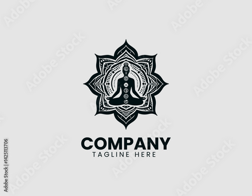 Meditating Figure Adorned Chakra Symbols Vector Logo Design