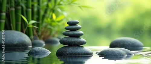 Zen Serenity, Balanced Stones and Bamboo in Tranquil Water Garden Setting