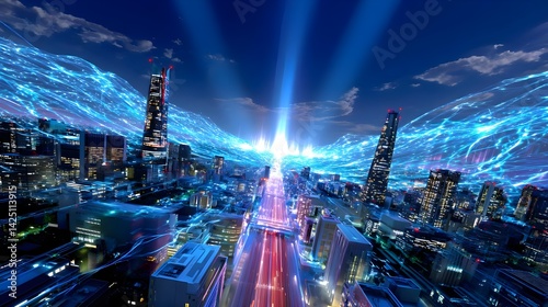 Wallpaper Mural Futuristic Cityscape, Digital Network, Night - Futuristic and Sci-F. Torontodigital.ca