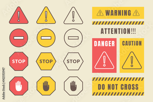 Collection of safety warning signs and cautionary symbols.
