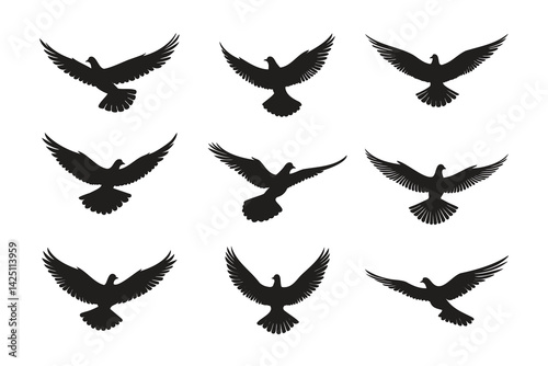 Silhouettes of pigeons in flight, various angles.
