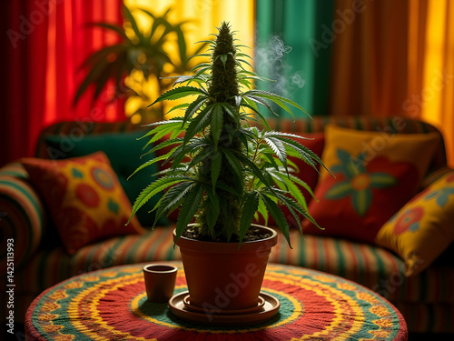Immersive Rastafarian Inspired Living Space Featuring Cannabis Plant and Harmonious Decor, Evoking a Relaxing and Culturally Rich Atmosphere with Vibrant Colors