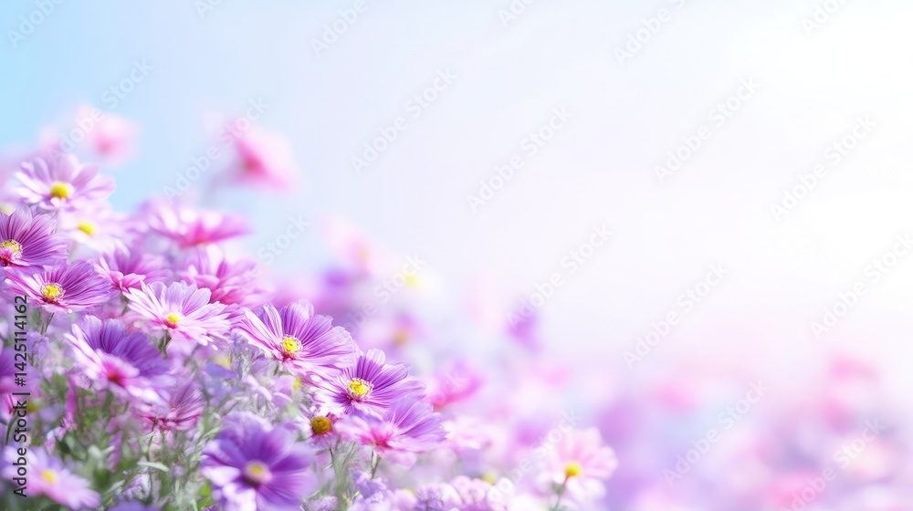 Naklejka premium Cosmos Flowers Delicate Blooms Soft Focus Photography Shallow Depth of Field Gentle Swaying Springtime Pastel Hues Ideal for Springtime Greetings