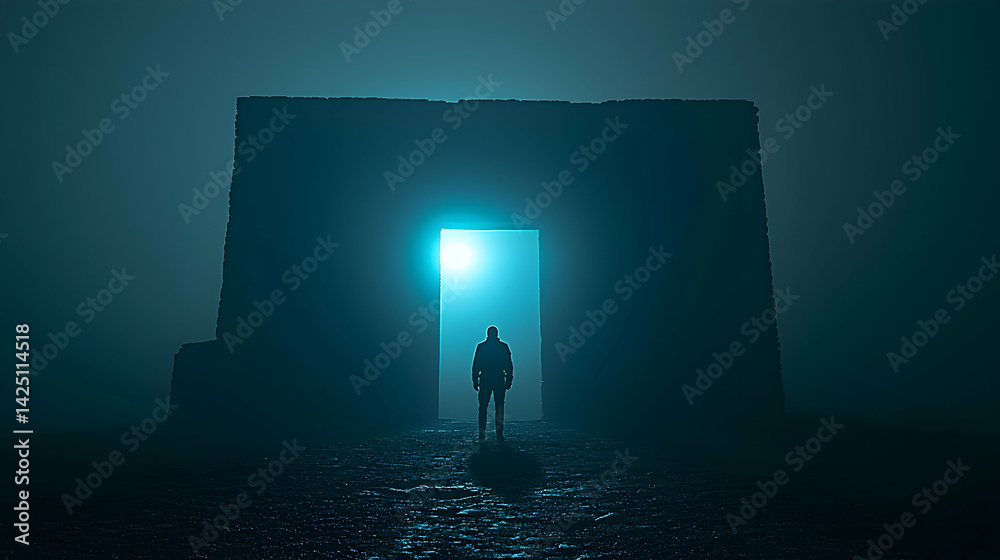 Mysterious man approaches glowing doorway in ancient stone structure, foggy night, potential use fantasy, mystery, adventure Mysterious man approaches glowing doorway in ancient stone structure, foggy night, potential use fantasy, mystery, adventure