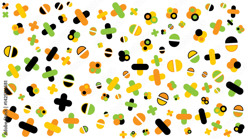 Pattern of yellow orange green and black shapes, suitable for textile design, wallpaper, packaging, and abstract backgrounds. Unique and vibrant design. Pattern of yellow orange green and black shapes, suitable for textile design, wallpaper, packaging, and abstract backgrounds. Unique and vibrant design.