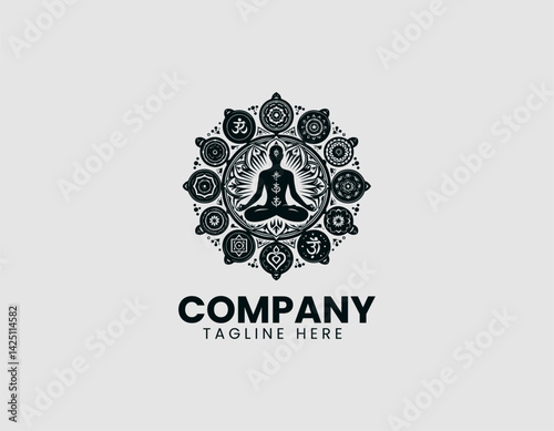 Meditating Figure Adorned Chakra Symbols Vector Logo Design