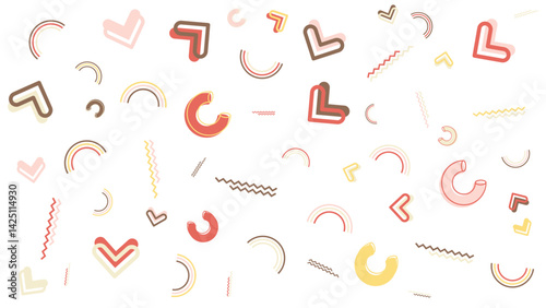 Pattern of various shapes colors and zigzags, suitable for textile designs, packaging, backgrounds, and stationery. Versatile and vibrant graphic resource.