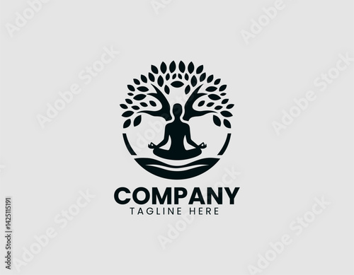 Meditating Figure Silhouette Raised Hands Stylish Tree Vector Logo