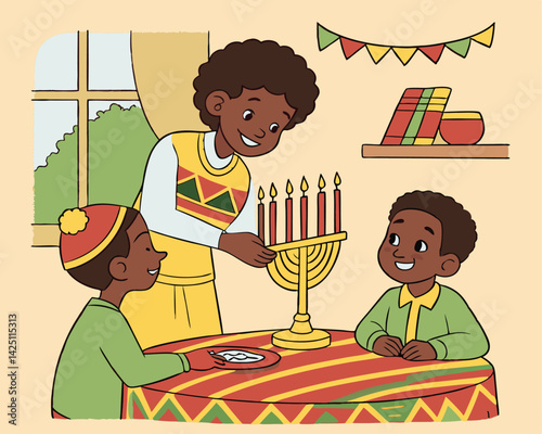 Kwanzaa Celebration Illustration: Family Lighting Kinara Candles, African American Children, Cultural Holiday, Vector Art