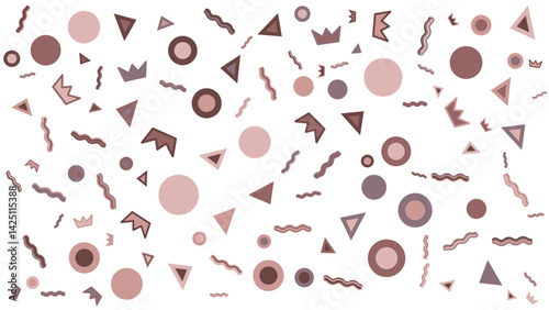 Pattern with crowns circles triangles and wavy lines suitable for royal themed designs, wallpapers, stationery, textiles, and packaging.