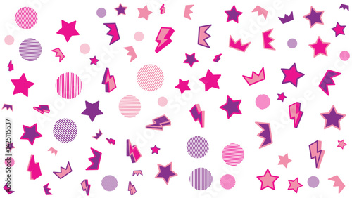 Pattern of pink and purple stars, crowns, circles, and lightning bolts. Suitable for princess themed designs or childrens party decorations.