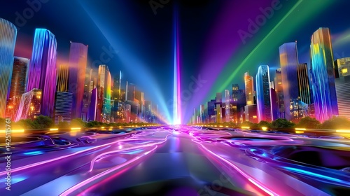 Neon Cityscape: Futuristic Highway at Night - Futurism: The image d.