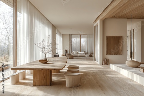 Serene Interior Design with Wooden Table, Chairs and Light-filled Space