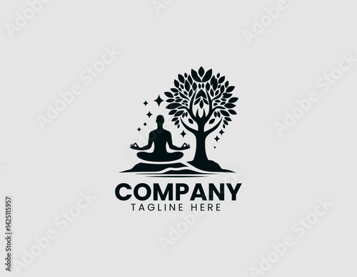 Meditating Figure Silhouette Raised Hands Stylish Tree Vector Logo