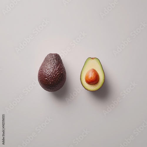 A dark avocado and its halved counterpart with a visible seed rest on a neutral background, creating a minimalist composition