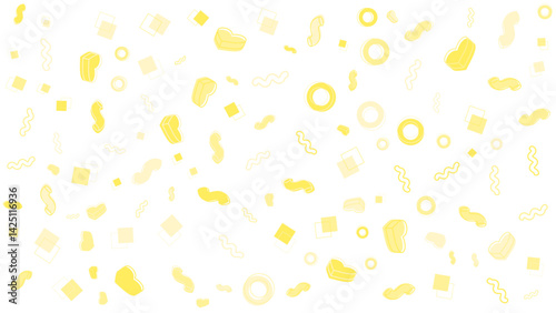 Yellow pattern of squares hearts and squiggly lines suitable for vibrant marketing materials, textiles, stationery, and social media graphics.