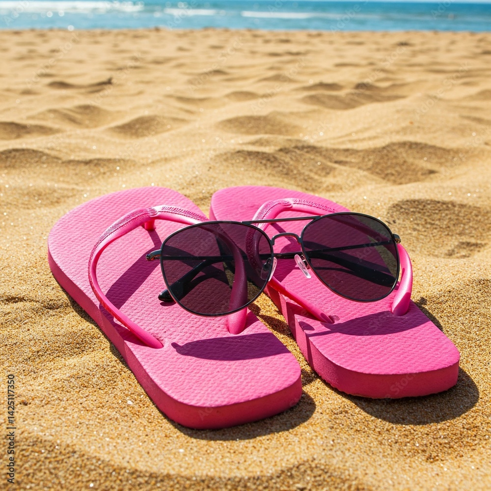 Fototapeta premium Flip flops in sand with sunglasses