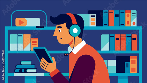 A customer quietly browses the electronic section their headphones on as they get lost in the new sounds they discover. Vector illustration