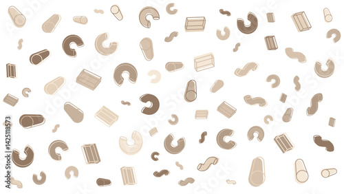 White background scattered with various shapes of pasta is great for food blogs, recipes, Italian cuisine promotions, or kitchen designs.