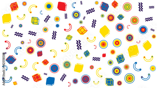 Pattern of colorful geometric shapes suitable for backgrounds, banners, prints, graphics, textiles, and packaging design projects requiring vibrant visuals.