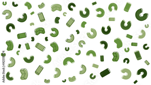 Pattern of green macaroni on a white background suitable for food packaging, menus, kitchen decor, pasta products, Italian cuisine themes.