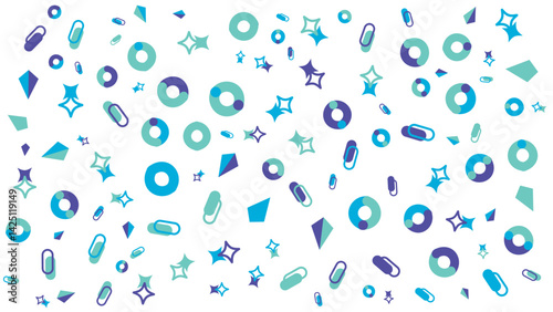 Blue and green pattern suitable for backgrounds, invitations, and textiles with various shapes such as stars, rings, and diamonds.