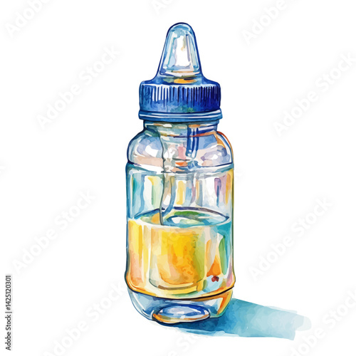 Feeding bottle with milk inside, watercolor illustration, isolated on a white background.

