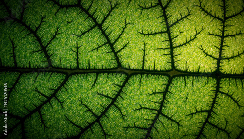 close up view of green leaf showcasing intricate vein patterns and textures, highlighting beauty of nature and details of plant life. vibrant green color adds refreshing feel to image