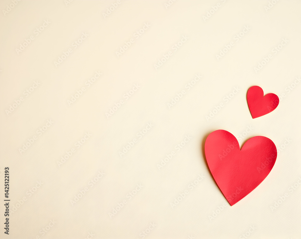 Minimalist valentine's day concept featuring two small red paper hearts on a light beige background, conveying love, affection, and simplicity in design for festive use Minimalist valentine's day concept featuring two small red paper hearts on a light beige background, conveying love, affection, and simplicity in design for festive use