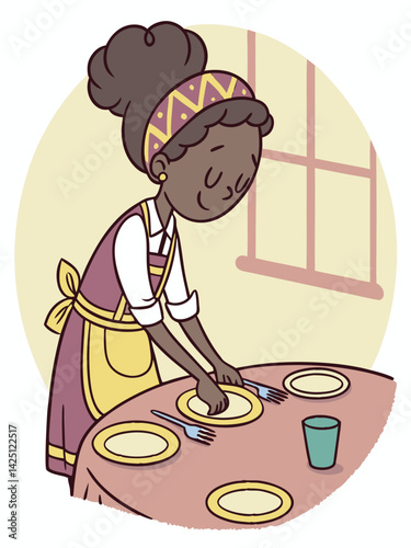 Cartoon Woman Setting Table: Illustration of Housewife Arranging Plates and Cutlery for Dinner in a Cozy Home Setting