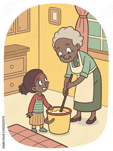 Grandmother & Granddaughter Baking Together: Cute Cartoon Illustration of Family Cooking in Kitchen, Nostalgic Art Style, Generational Bonding