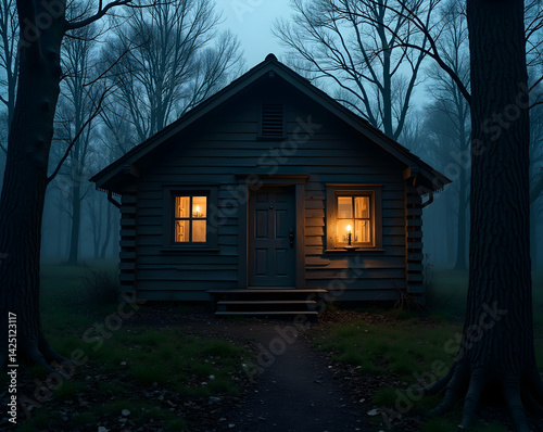 Mysterious abandoned cabin nestled deep within the woods, its flickering candles casting an eerie glow on the misty landscape and creating a haunting atmosphere