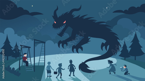 A shadowy dragonlike creature seems to be chasing a group of children around the playground its dark form growing larger and more intimidating with.