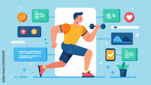 An athlete using an interactive fitness app to crosstrain and incorporate various workouts into their training regimen improving their overall fitness. Vector illustration