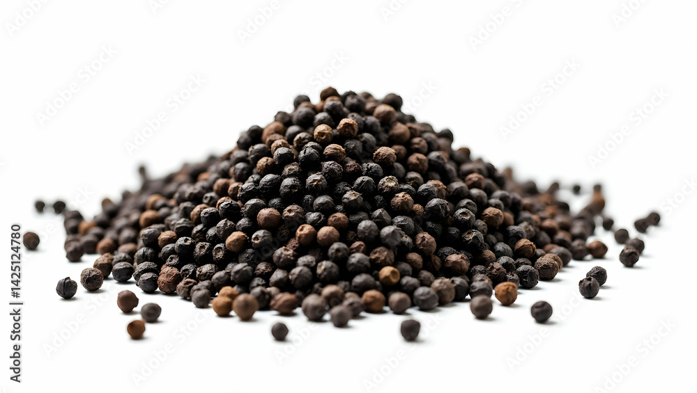 Pile of Flavorful Black Pepper, Aromatic Spice Isolated for Culinary Use, Showcasing Texture and Richness of Whole Peppercorns on a Clean White Space Pile of Flavorful Black Pepper, Aromatic Spice Isolated for Culinary Use, Showcasing Texture and Richness of Whole Peppercorns on a Clean White Space