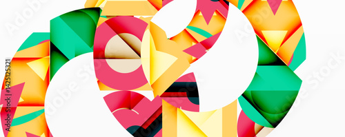 Abstract geometric composition. Bright colors intersect, creating dynamic shapes. Circles, triangles, overlapping forms define modern design. Minimalist aesthetic, vibrant palette.
